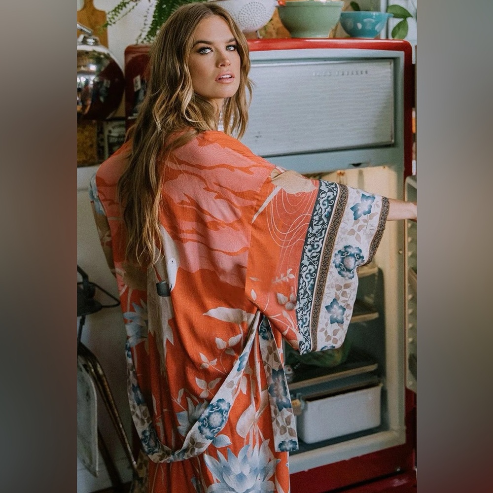 454. LAST 1! bohemian retro red orange blue look red blue maxi kimono long - Picture 3 of 4